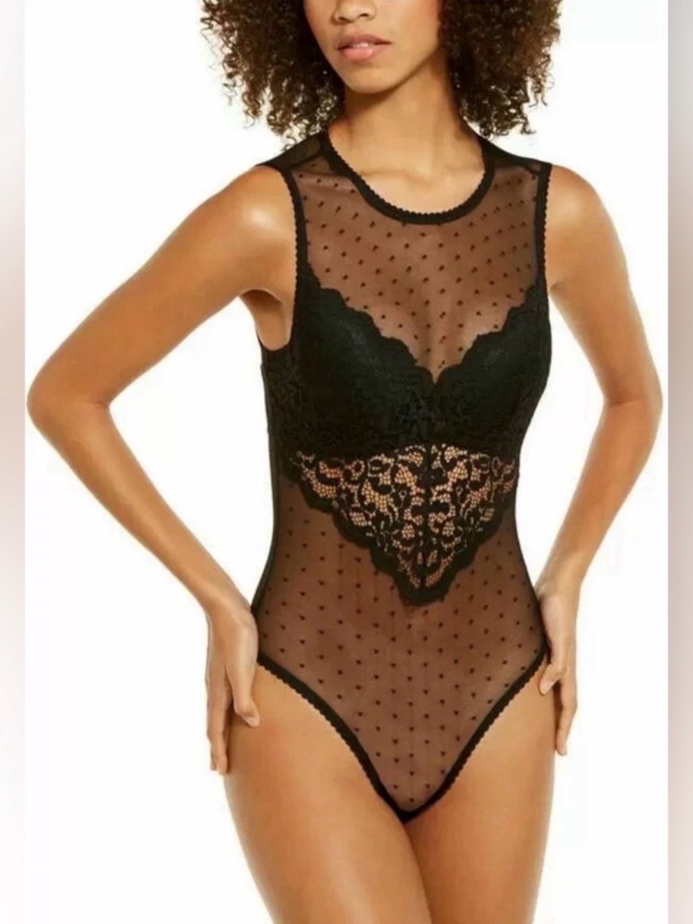 I.N.C. International Concepts Cupped Swiss Dot Lingerie Thong Bodysuit Black AMX